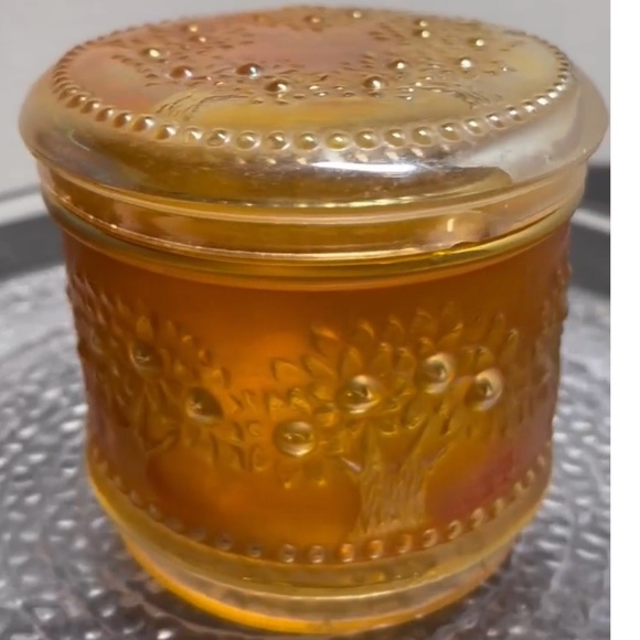 Antique 1911 Dugan Carnival Glass Powder Jar – Orange Tree Pattern – Marigold - Picture 16 of 17